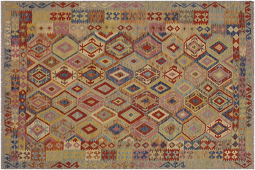 Flat Weave Kilim, Antique, Navaho, Vintage, Handmade, Geometric Kilim Blue Tan Hand-Woven Rectangle 100% Wool Area Rug 7 x 9